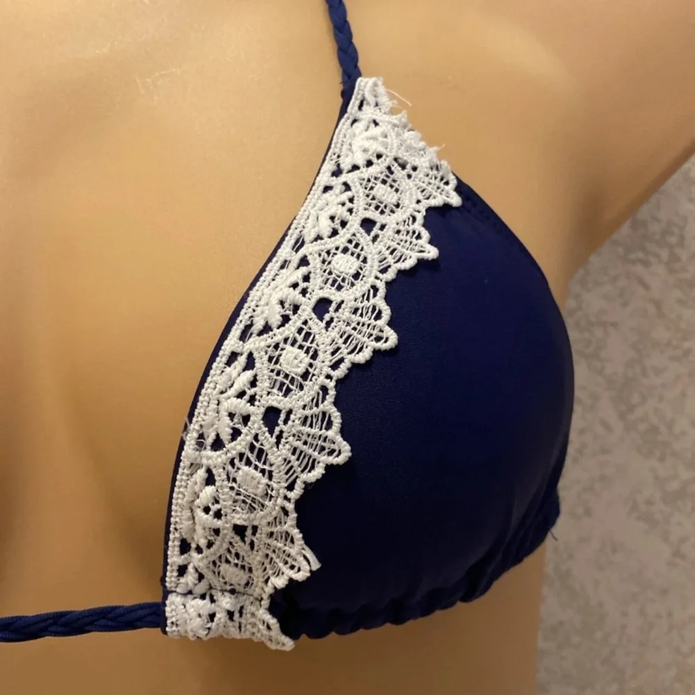 Elegant Navy Bikini with White Lace Trim